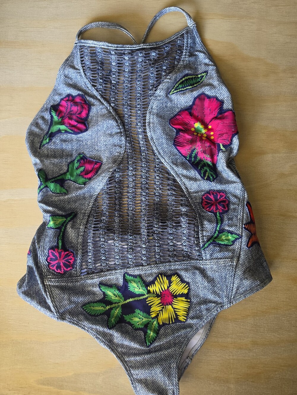 Despi Designer Brazilian Swimsuit XL Embroidered Floral Cutout